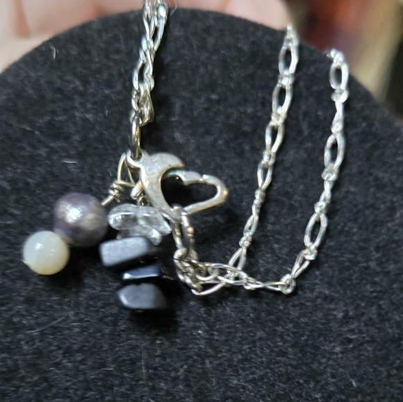 Black porcelain Pendant with Sterling Chain natural pearls obsidian & quartz 18" - Picture 6 of 7